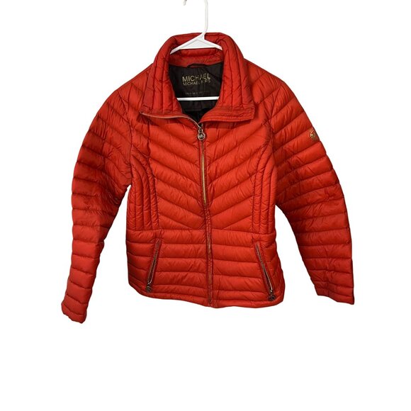 Michael Kors Womens Red Packable Down Fill Jacket Size L Gold MK Zipper Lightwei - Picture 1 of 16